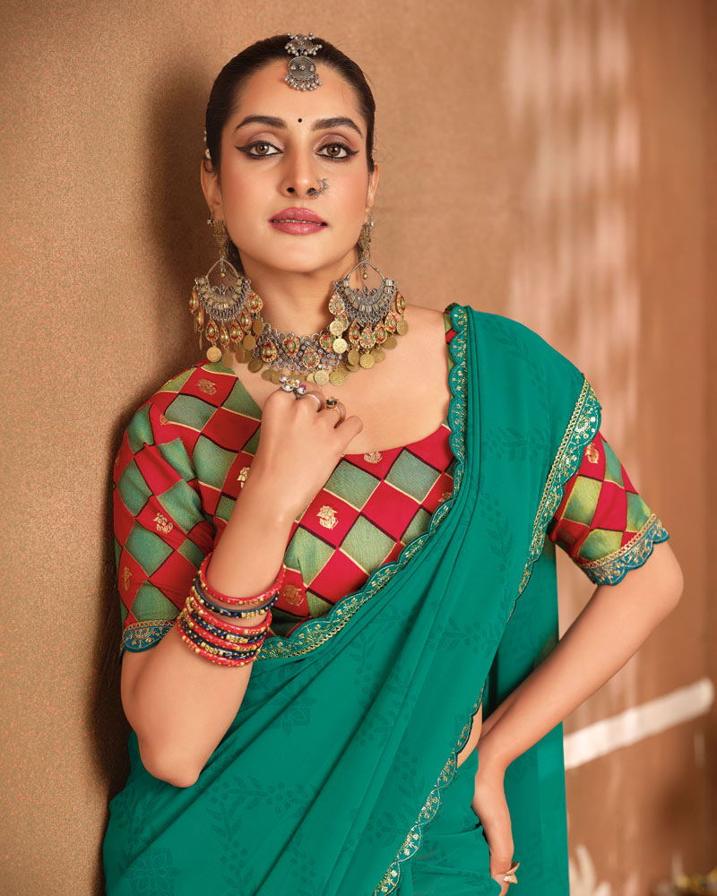 Vishal Prints Deep Sea Green Printed Georgette Saree With Fancy Border