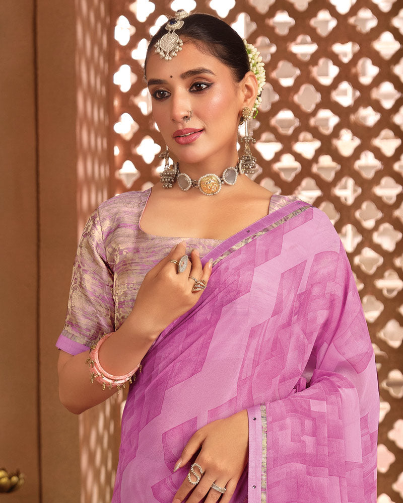 Vishal Prints Deep Blush Pink Printed Georgette Saree With Fancy Border