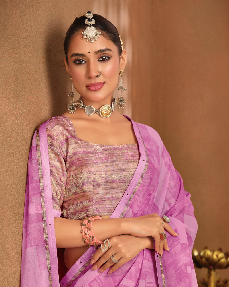 Vishal Prints Deep Blush Pink Printed Georgette Saree With Fancy Border