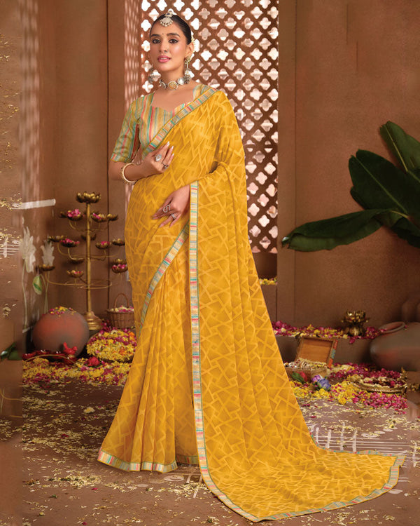 Vishal Prints Mustard Yellow Printed Georgette Saree With Fancy Border