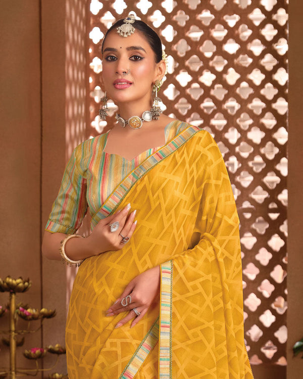 Vishal Prints Mustard Yellow Printed Georgette Saree With Fancy Border