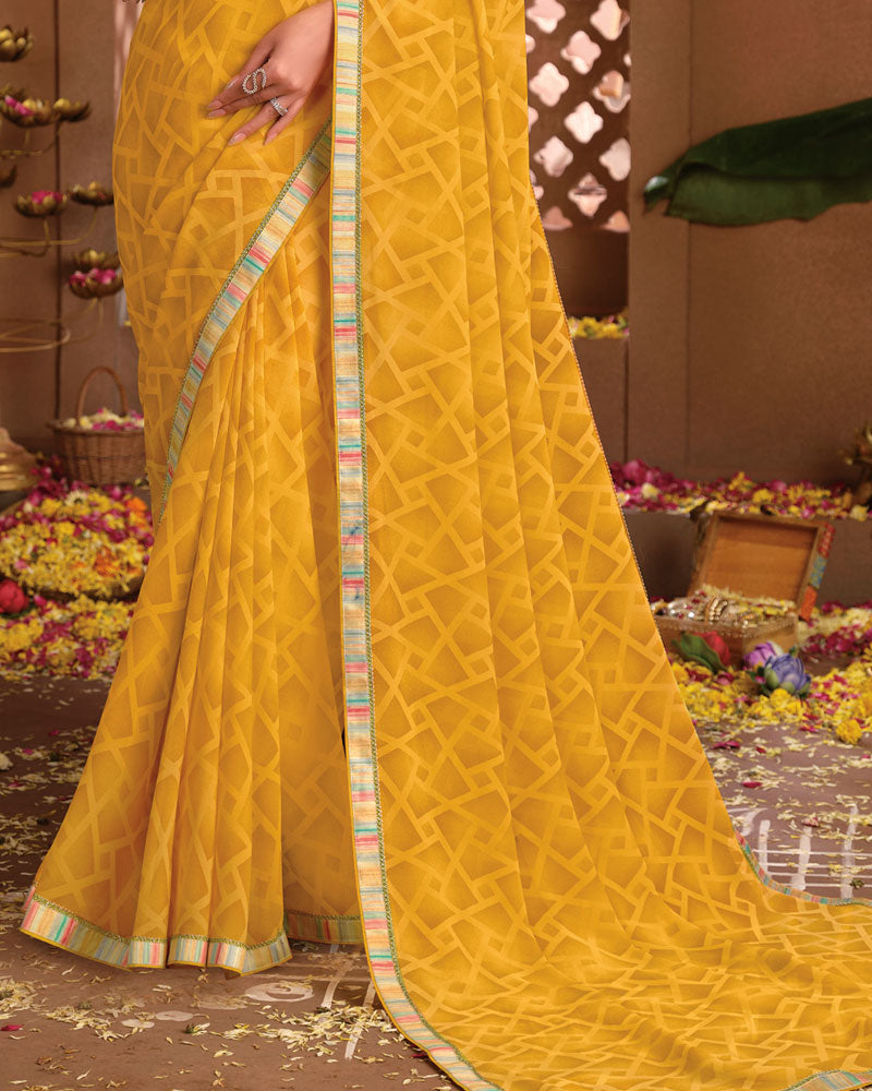 Vishal Prints Mustard Yellow Printed Georgette Saree With Fancy Border