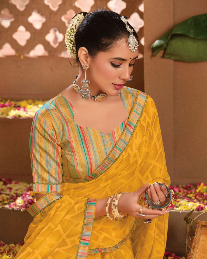 Vishal Prints Mustard Yellow Printed Georgette Saree With Fancy Border