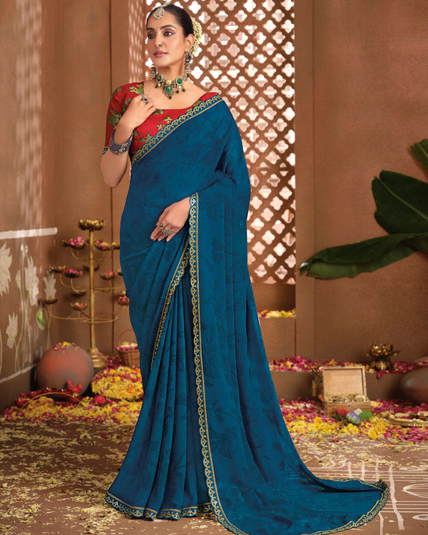 Vishal Prints Regal Blue Printed Georgette Saree With Fancy Border