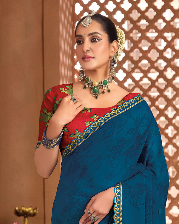 Vishal Prints Regal Blue Printed Georgette Saree With Fancy Border