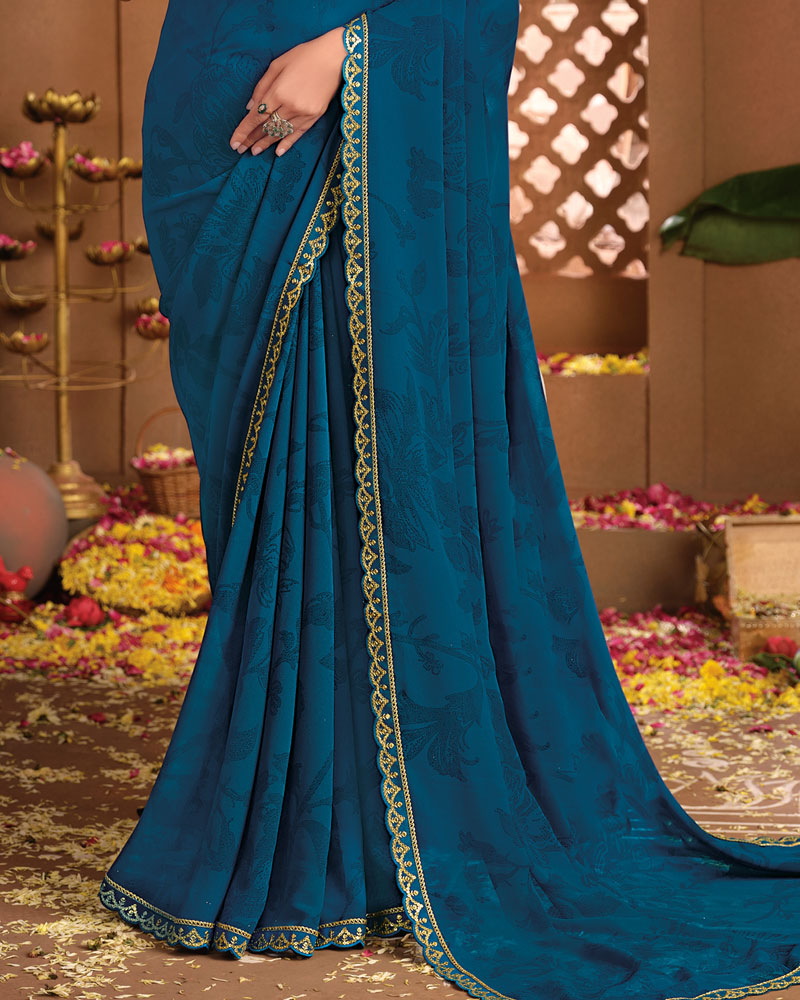 Vishal Prints Regal Blue Printed Georgette Saree With Fancy Border