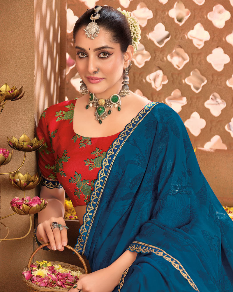 Vishal Prints Regal Blue Printed Georgette Saree With Fancy Border