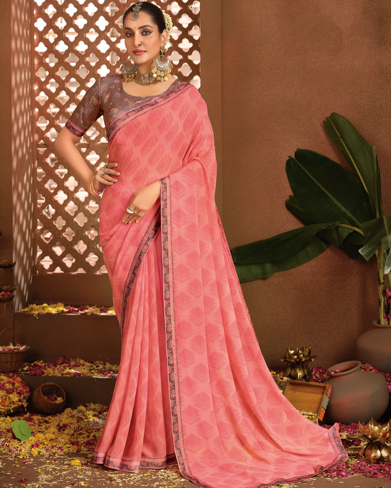 Vishal Prints Coral Pink Printed Georgette Saree With Fancy Border