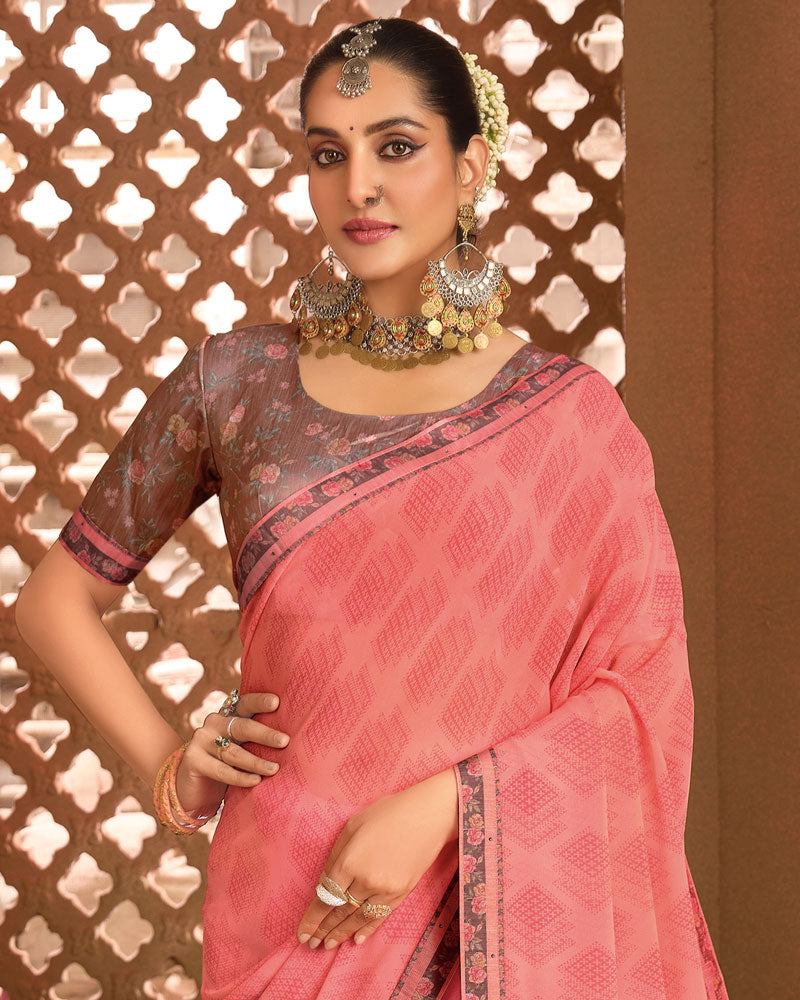Vishal Prints Coral Pink Printed Georgette Saree With Fancy Border