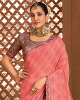 Vishal Prints Coral Pink Printed Georgette Saree With Fancy Border