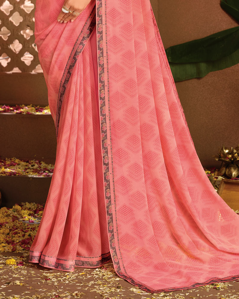 Vishal Prints Coral Pink Printed Georgette Saree With Fancy Border
