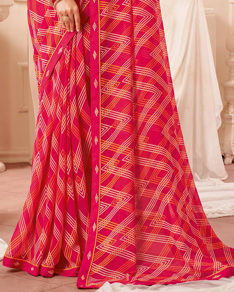 Vishal Prints Red Pink Printed Georgette Saree With Fancy Border
