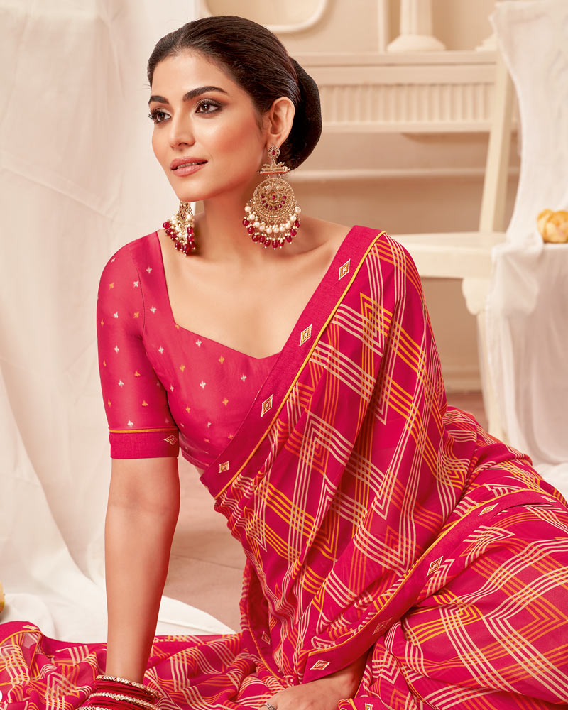 Vishal Prints Red Pink Printed Georgette Saree With Fancy Border