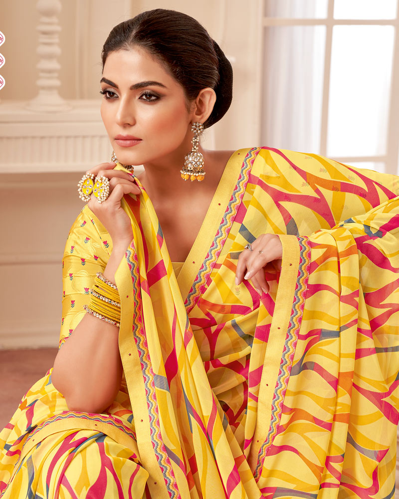 Vishal Prints Light Yellow Printed Georgette Saree With Fancy Border