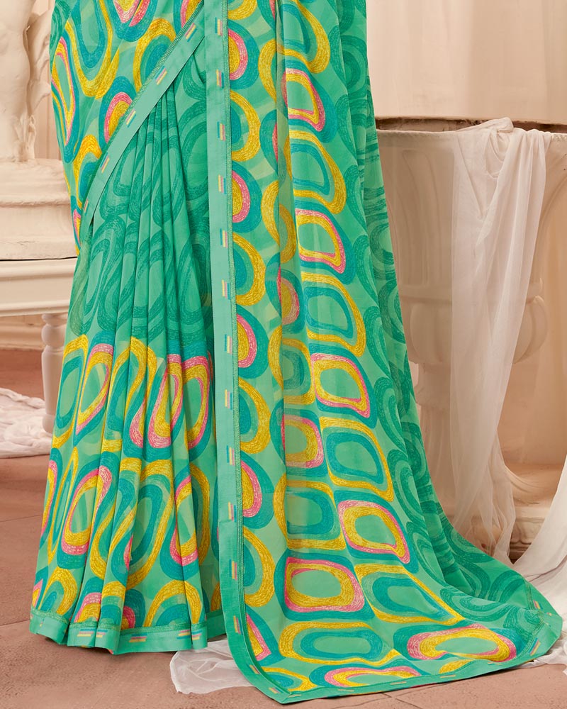 Vishal Prints Dark Mint Green Printed Georgette Saree With Fancy Border