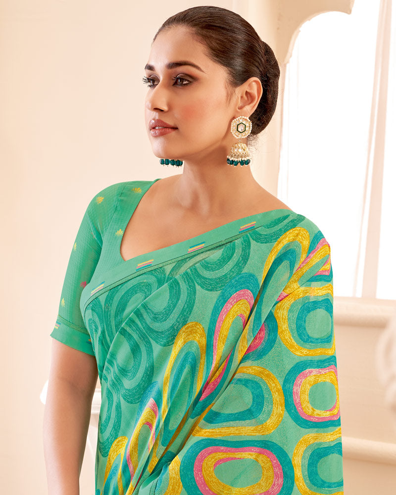 Vishal Prints Dark Mint Green Printed Georgette Saree With Fancy Border