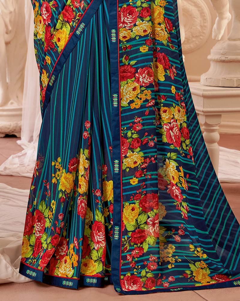 Vishal Prints Dark Navy Blue Printed Georgette Saree With Fancy Border