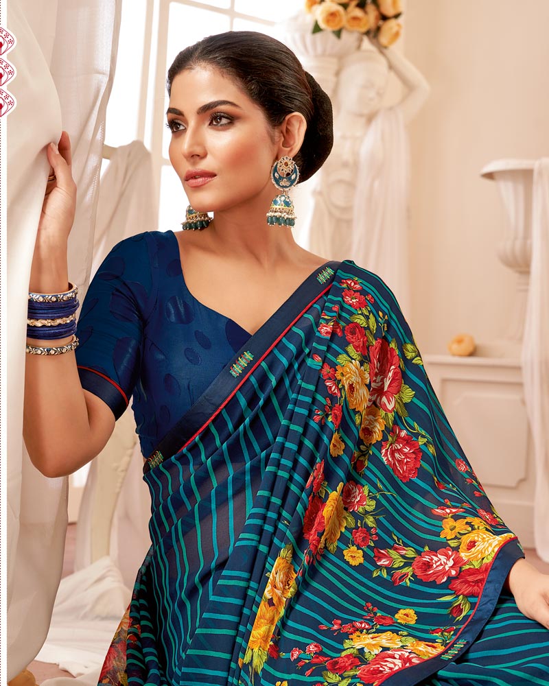 Vishal Prints Dark Navy Blue Printed Georgette Saree With Fancy Border