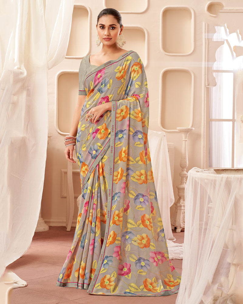 Vishal Prints Sand Grey Printed Georgette Saree With Fancy Border