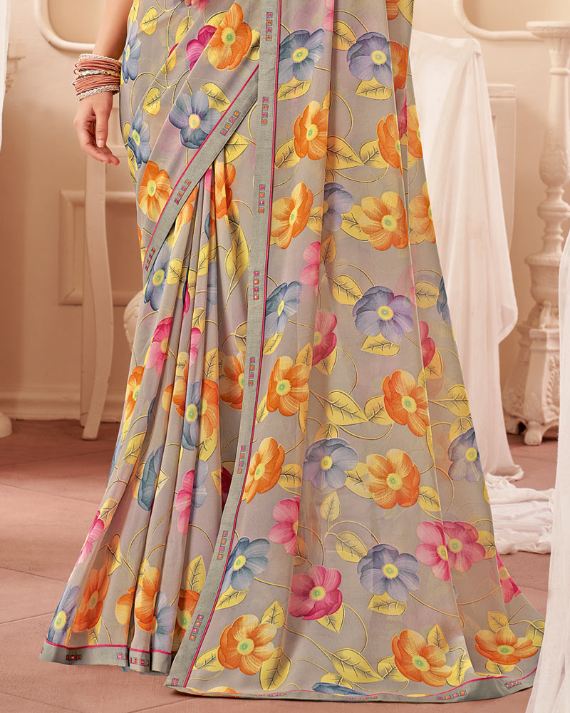 Vishal Prints Sand Grey Printed Georgette Saree With Fancy Border