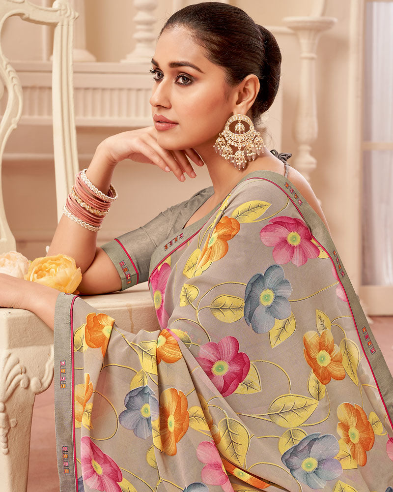 Vishal Prints Sand Grey Printed Georgette Saree With Fancy Border