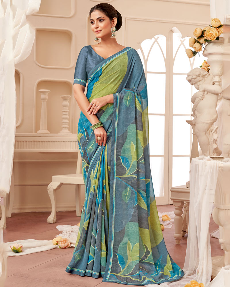Vishal Prints Pastel Blue Printed Georgette Saree With Fancy Border