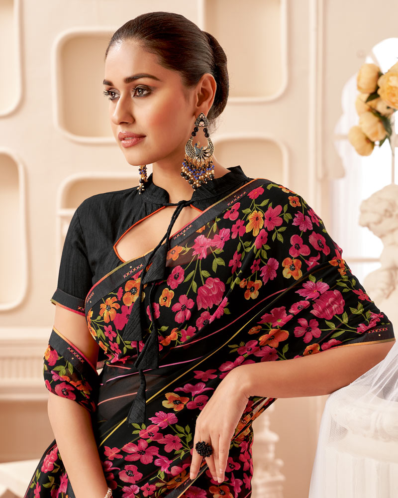 Vishal Prints Black Printed Georgette Saree With Fancy Border