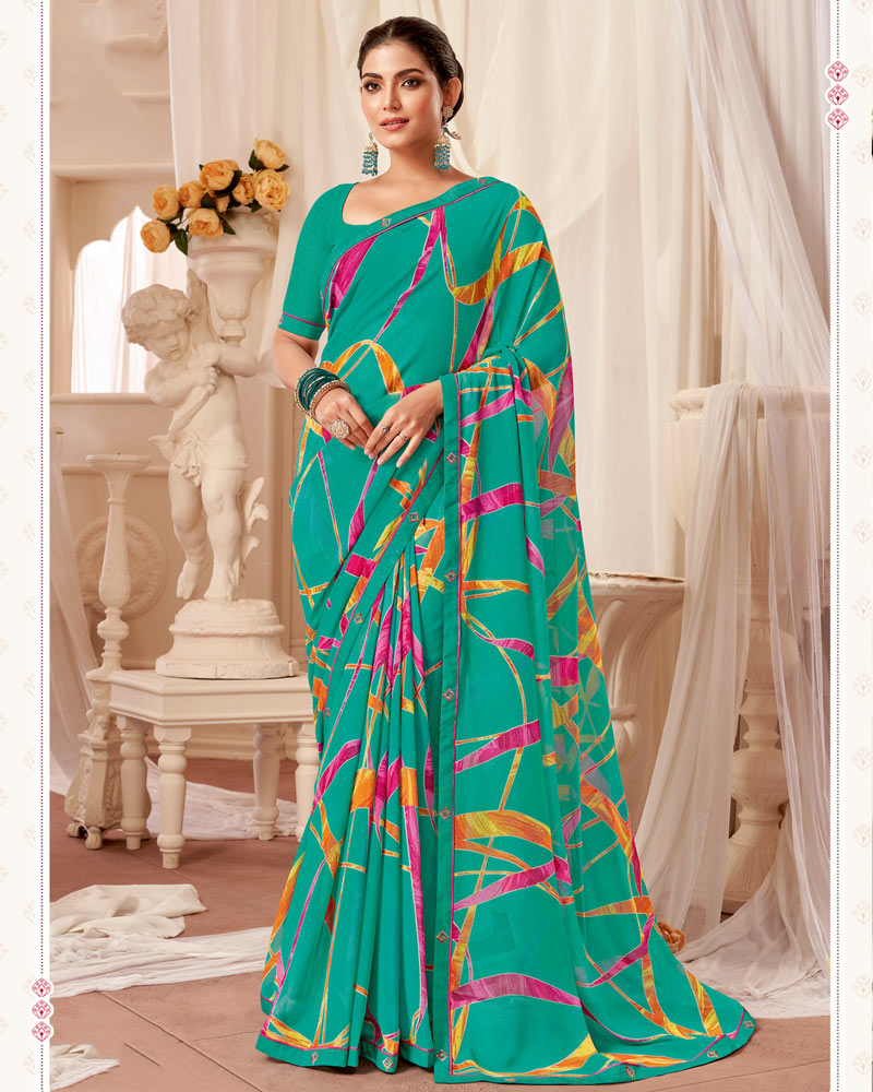 Vishal Prints Aqua Green Printed Georgette Saree With Fancy Border