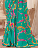 Vishal Prints Aqua Green Printed Georgette Saree With Fancy Border