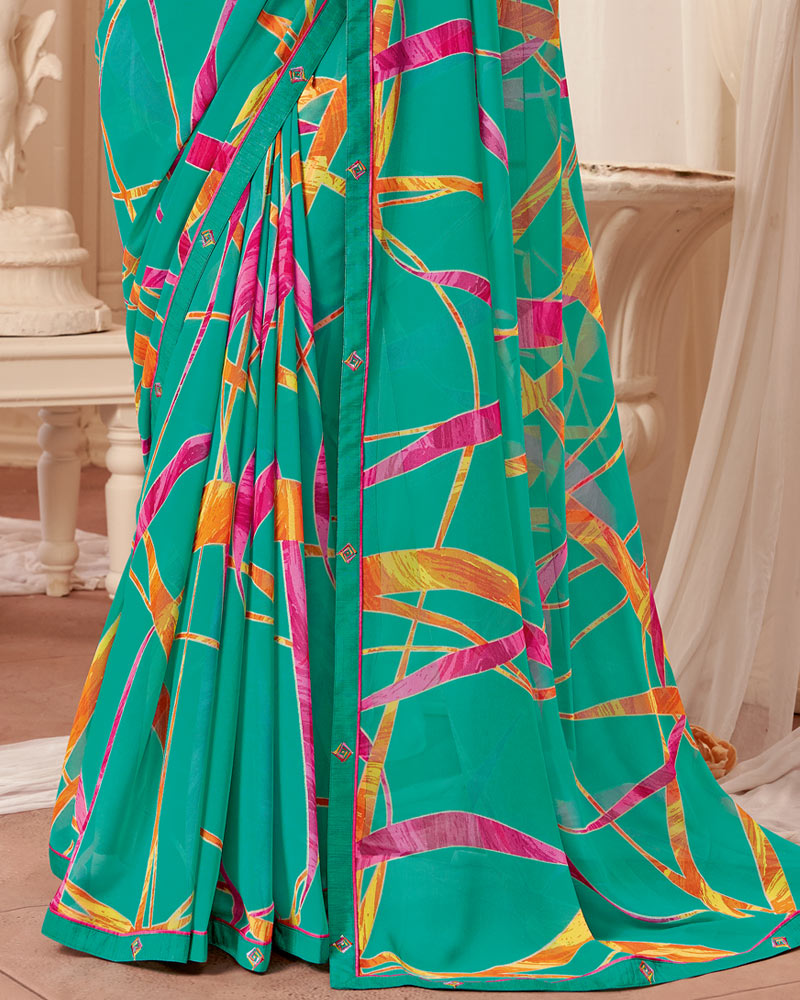 Vishal Prints Aqua Green Printed Georgette Saree With Fancy Border