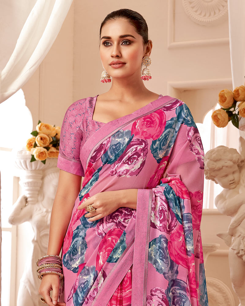 Vishal Prints Blush Pink Printed Georgette Saree With Fancy Border