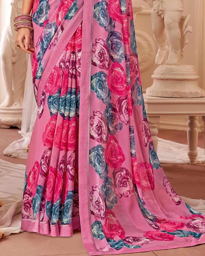 Vishal Prints Blush Pink Printed Georgette Saree With Fancy Border