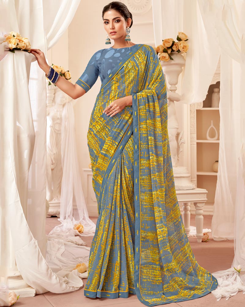 Vishal Prints Cool Grey Printed Georgette Saree With Fancy Border