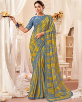 Vishal Prints Cool Grey Printed Georgette Saree With Fancy Border