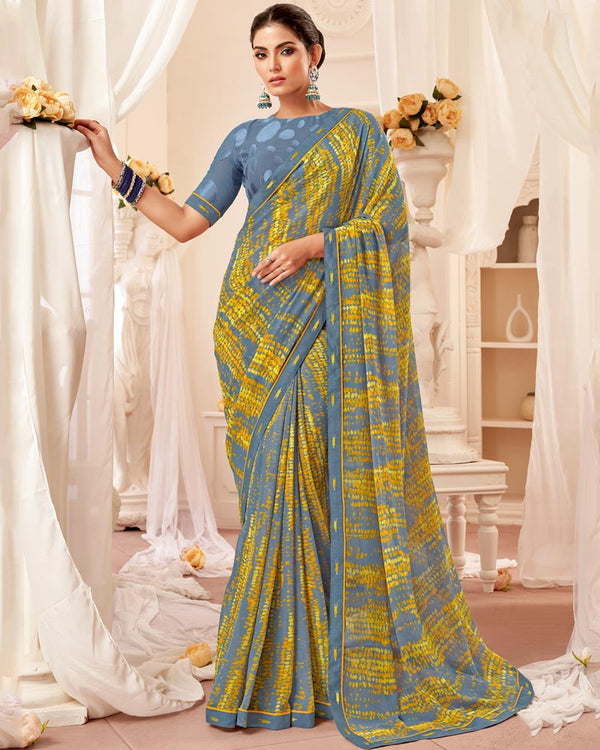Vishal Prints Cool Grey Printed Georgette Saree With Fancy Border