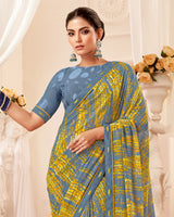 Vishal Prints Cool Grey Printed Georgette Saree With Fancy Border