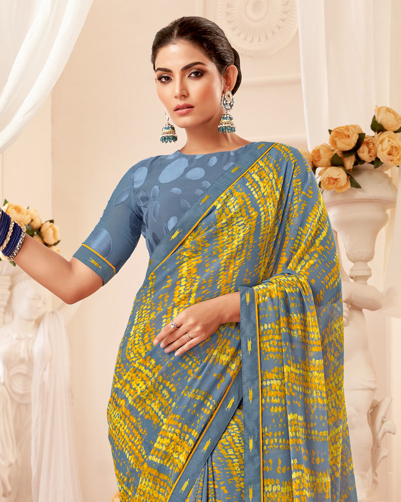 Vishal Prints Cool Grey Printed Georgette Saree With Fancy Border