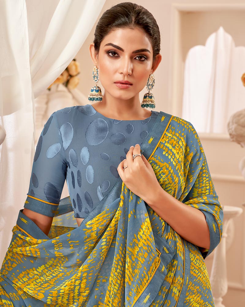 Vishal Prints Cool Grey Printed Georgette Saree With Fancy Border