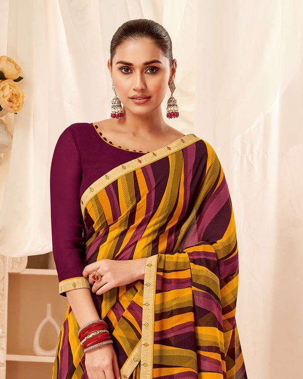 Vishal Prints Wine Printed Georgette Saree With Fancy Border