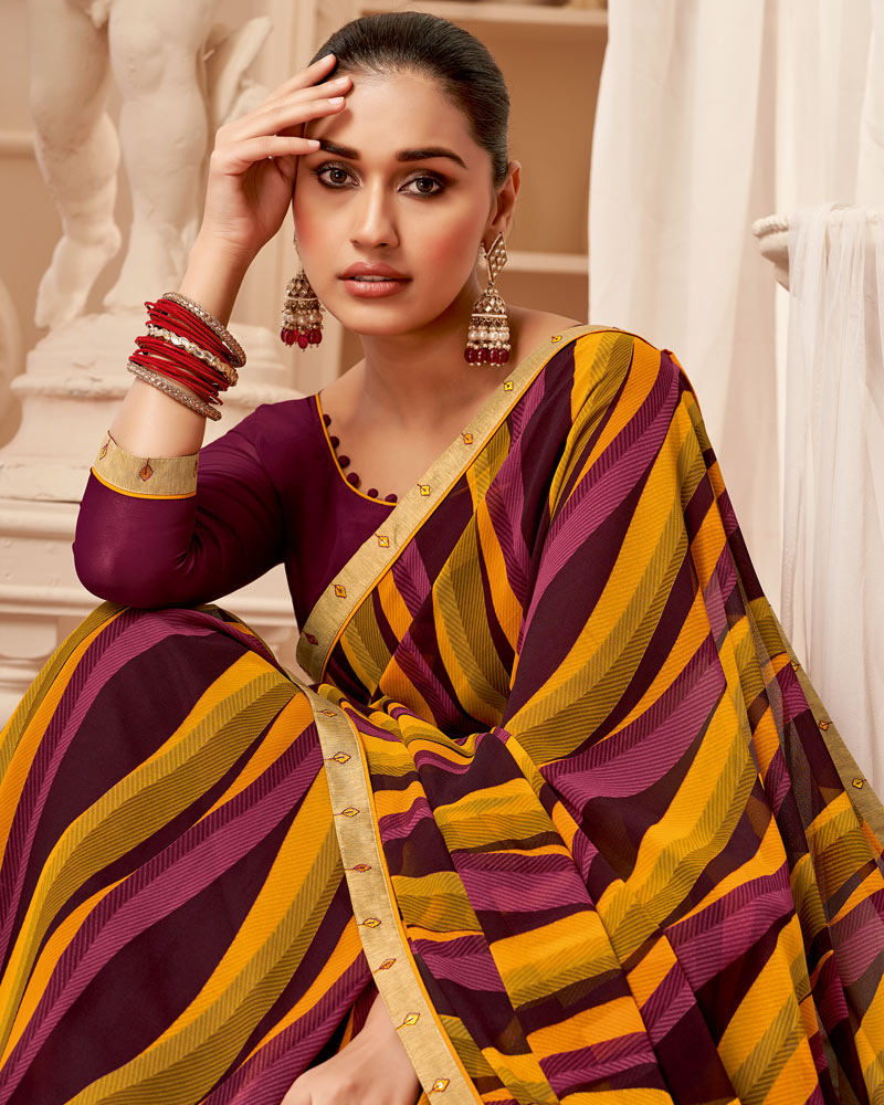 Vishal Prints Wine Printed Georgette Saree With Fancy Border