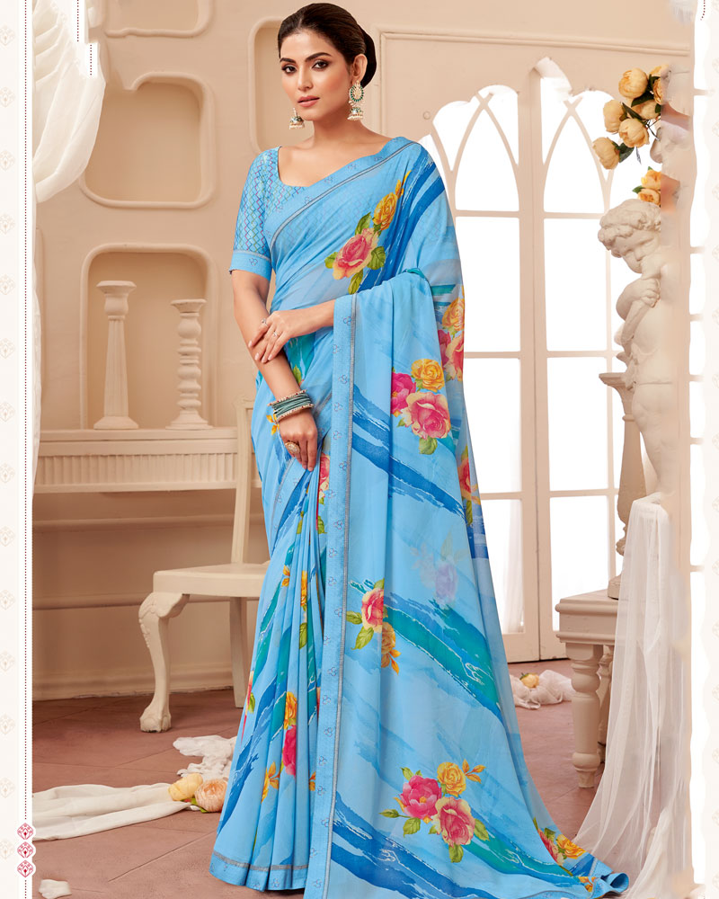 Vishal Prints Sky Blue Printed Georgette Saree With Fancy Border