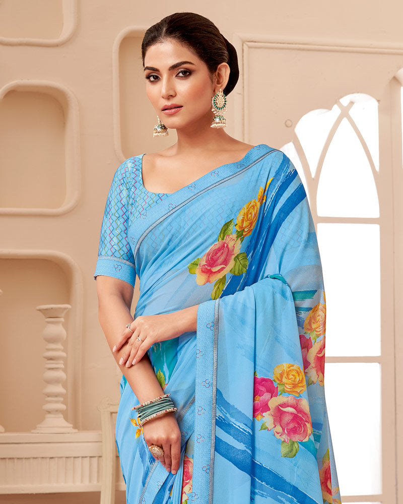 Vishal Prints Sky Blue Printed Georgette Saree With Fancy Border