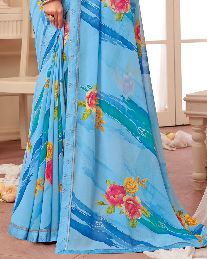 Vishal Prints Sky Blue Printed Georgette Saree With Fancy Border