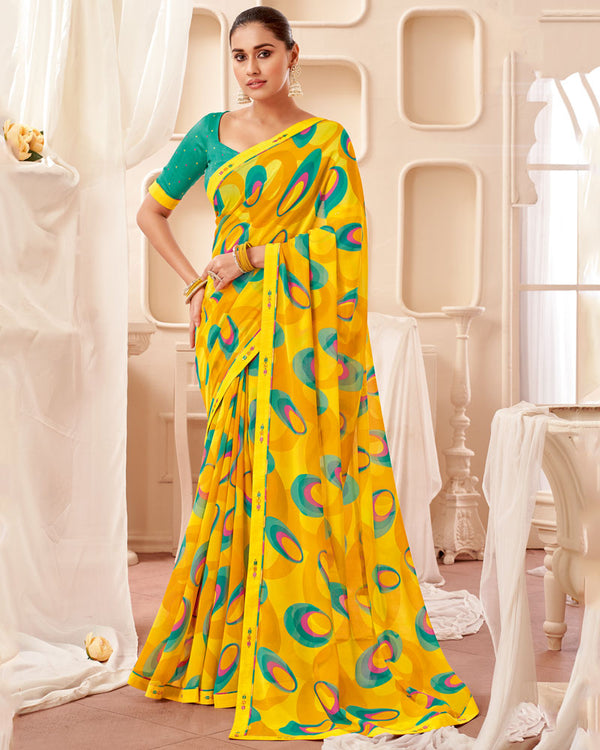 Vishal Prints Dark Yellow Printed Georgette Saree With Fancy Border