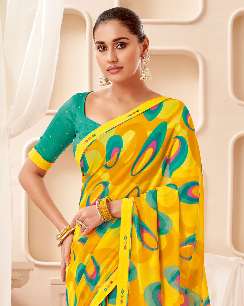 Vishal Prints Dark Yellow Printed Georgette Saree With Fancy Border