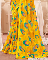 Vishal Prints Dark Yellow Printed Georgette Saree With Fancy Border
