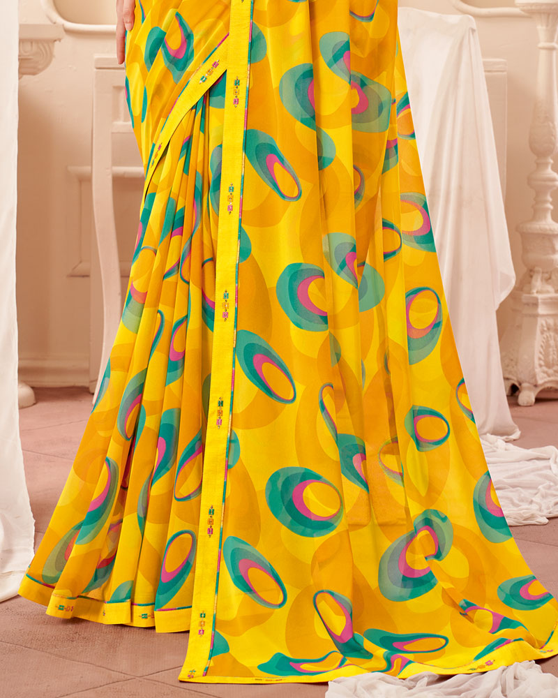 Vishal Prints Dark Yellow Printed Georgette Saree With Fancy Border