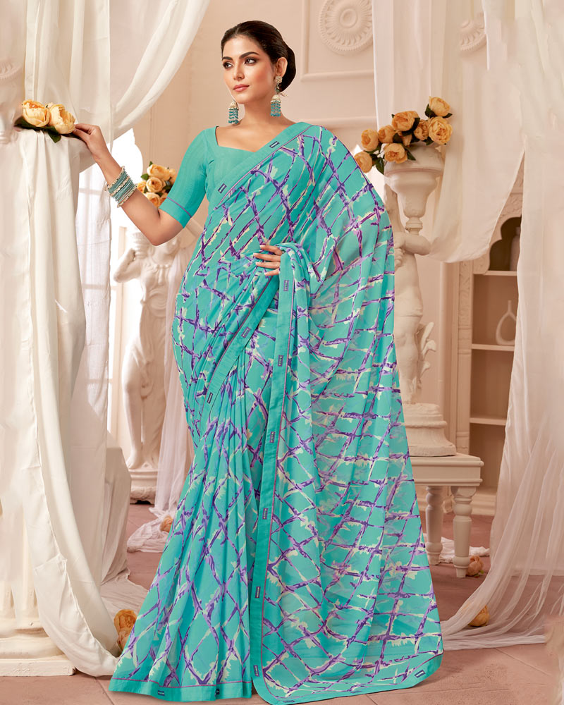 Vishal Prints Light Teal Green Printed Georgette Saree With Fancy Border