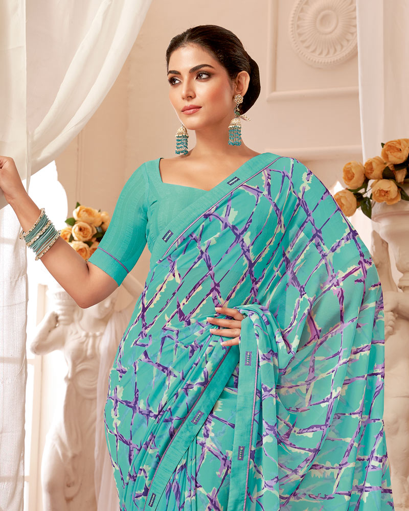 Vishal Prints Light Teal Green Printed Georgette Saree With Fancy Border