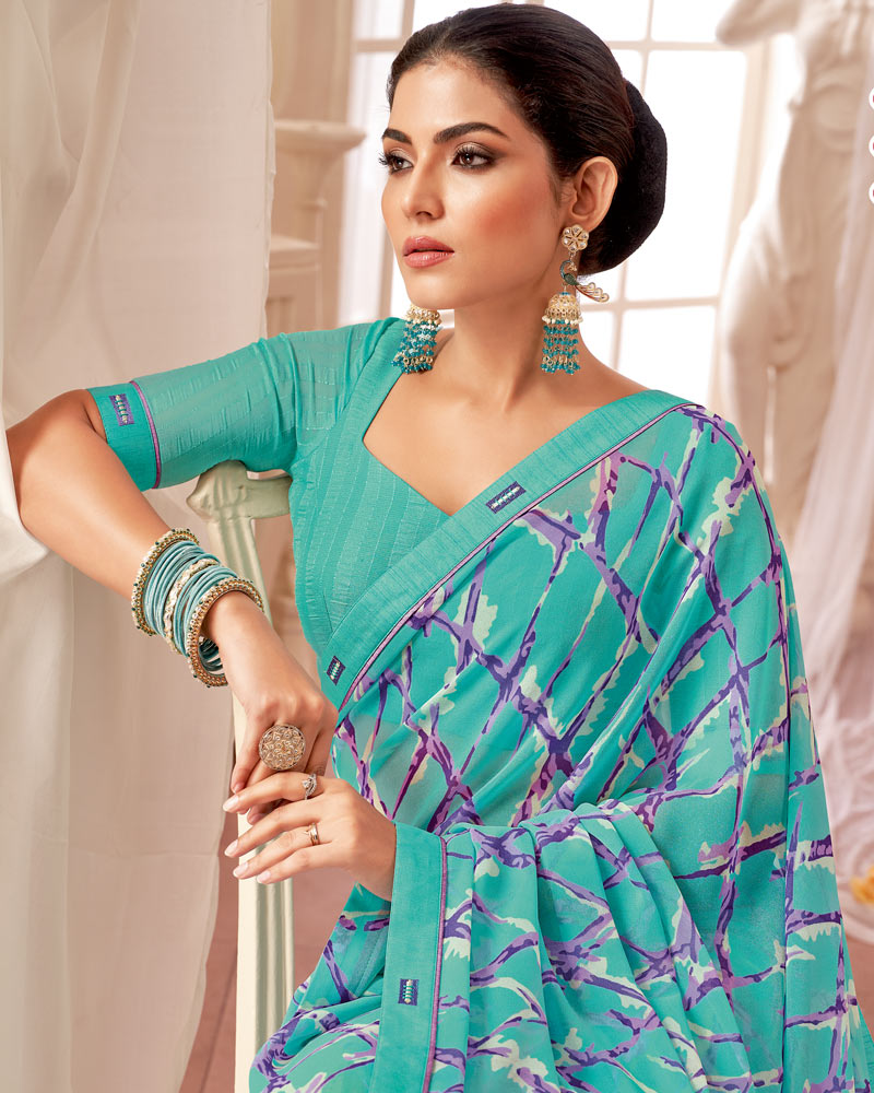 Vishal Prints Light Teal Green Printed Georgette Saree With Fancy Border